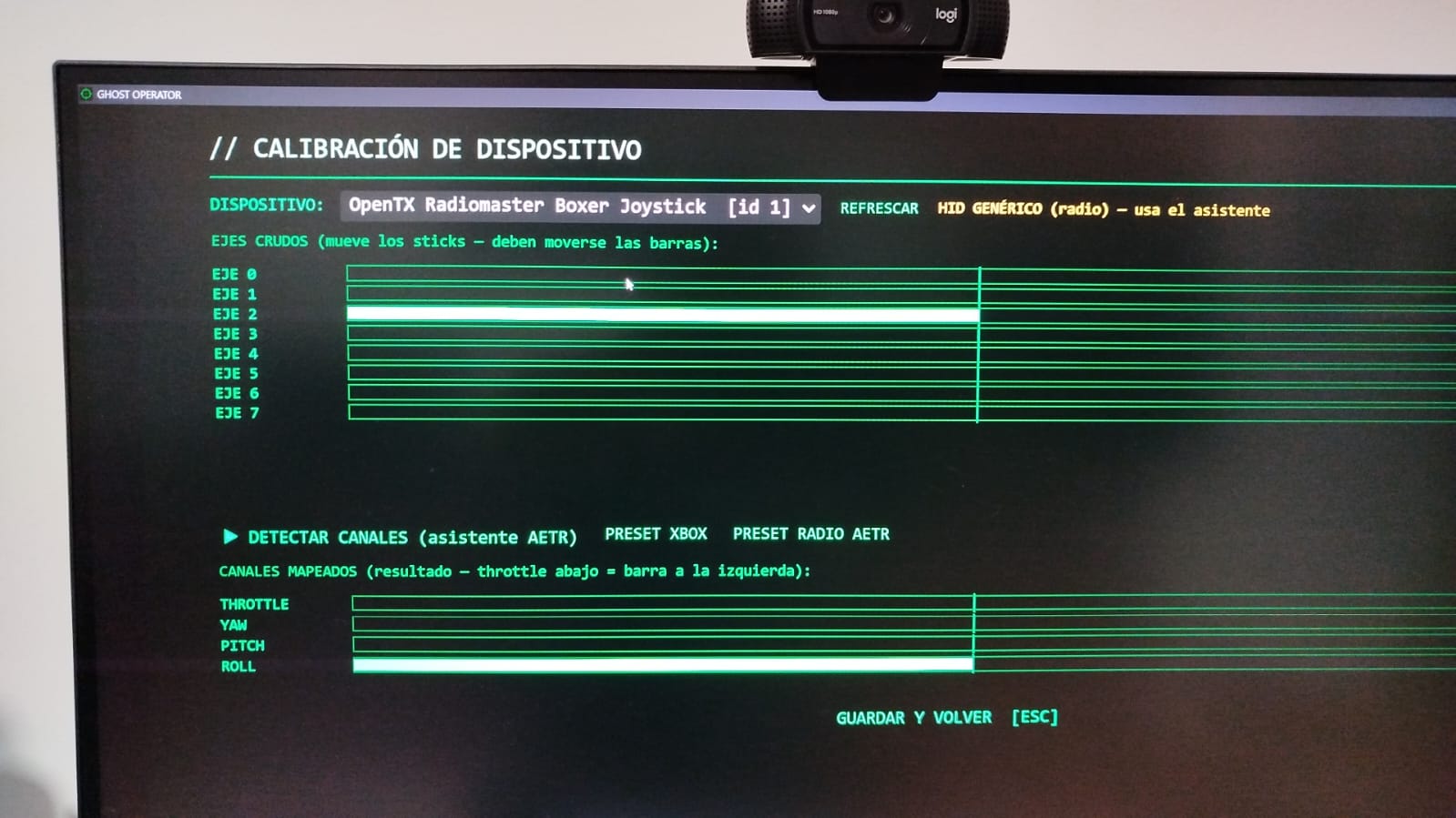Asistente de calibración detectando una RadioMaster
